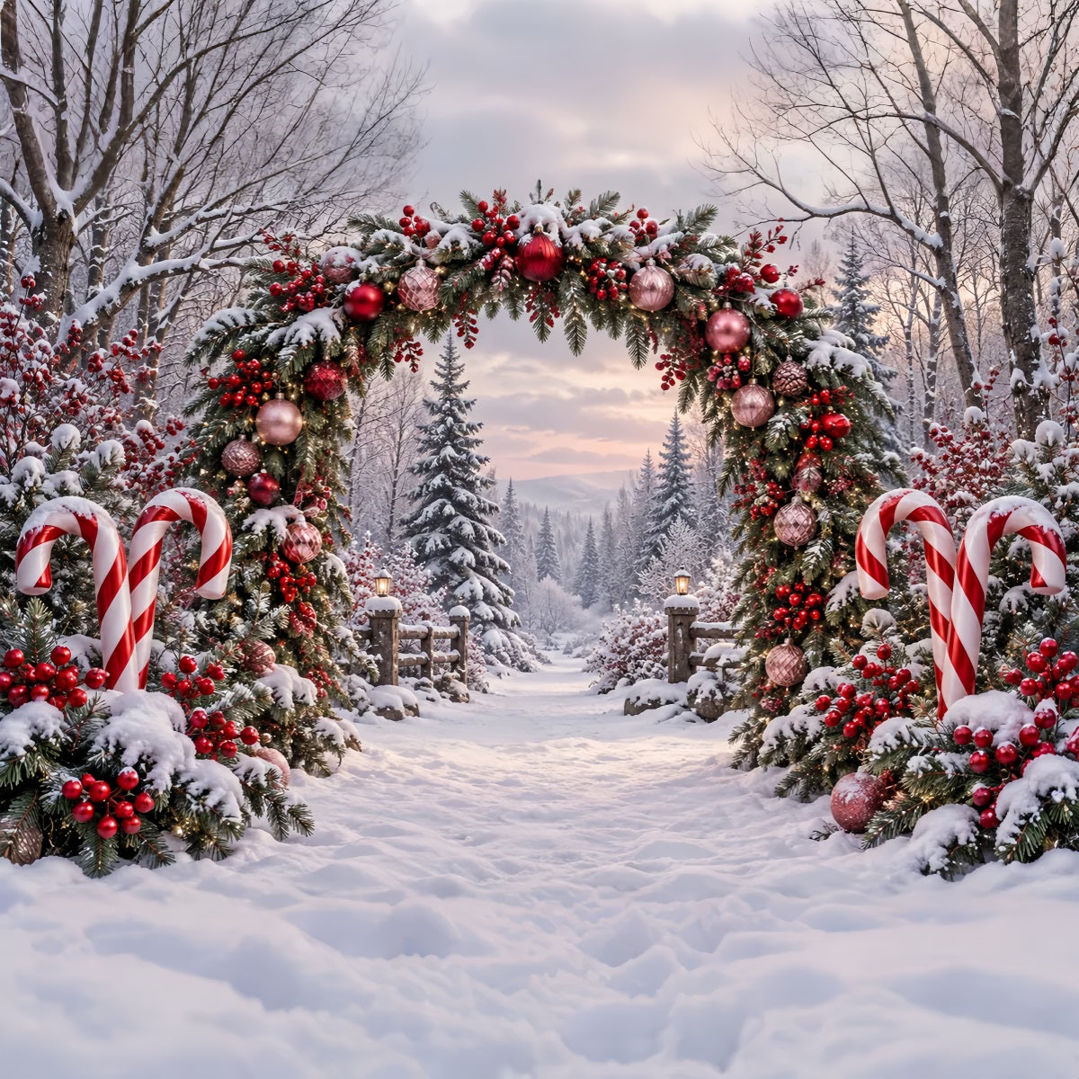 Backdrop Christmas Snowy Forest Candy Cane Arch Xmas Backdrop UK ZTT69-63
