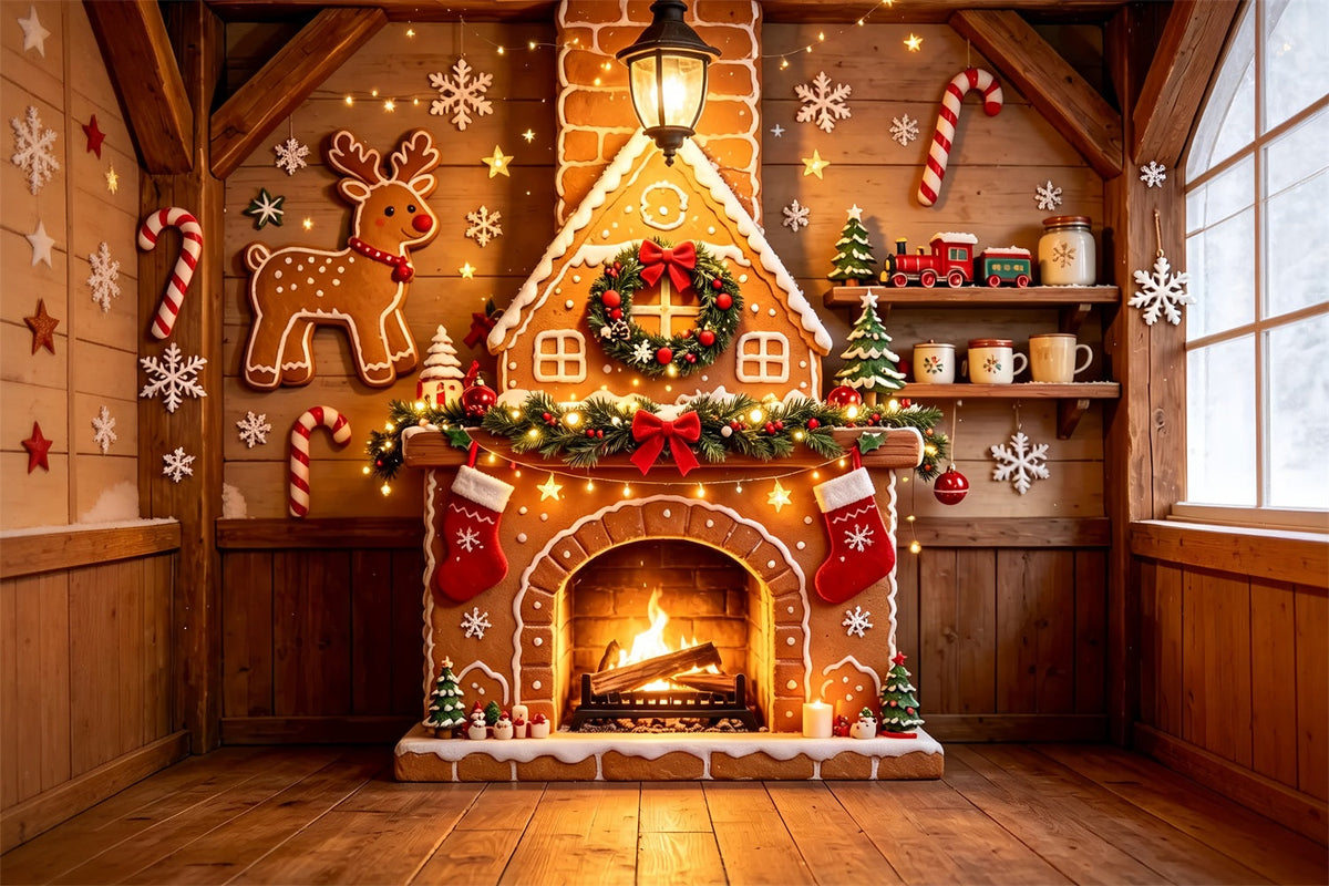 Gingerbread Christmas Backdrop Wooden Cabin Fireplace Cottage Wall Backdrop ChristmasUK ZTT69-7