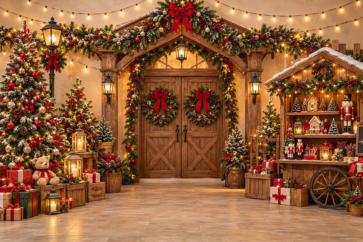 Christmas Photo Booth Backdrop Festive Wooden Market Entrance Christmas Party Backdrop UK ZTT69-70