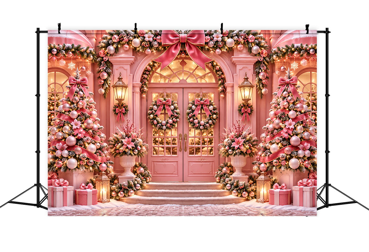 Outdoor Christmas Backdrop Pink Bow Doorway Display Pink Christmas Backdrop UK ZTT69-71