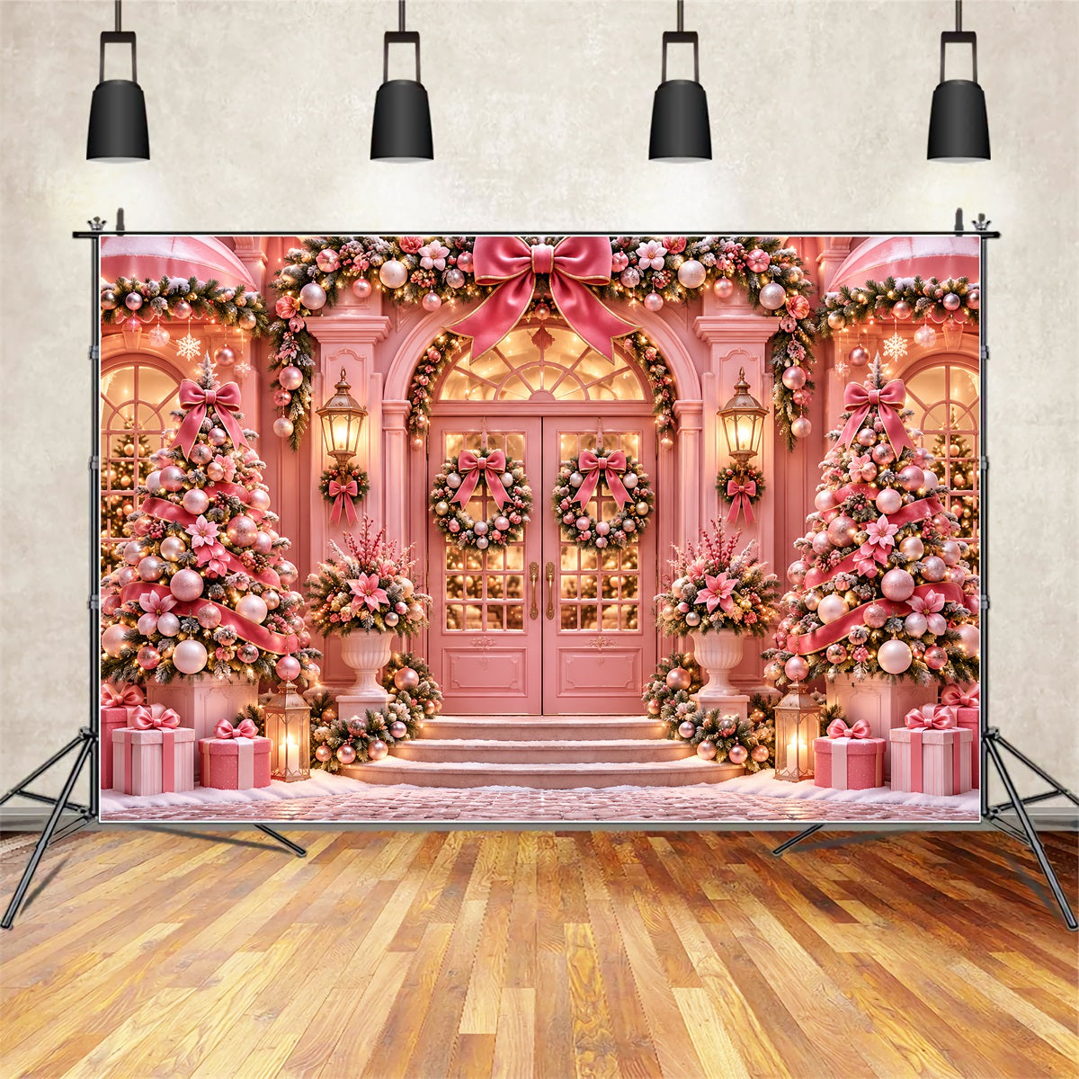Outdoor Christmas Backdrop Pink Bow Doorway Display Pink Christmas Backdrop UK ZTT69-71