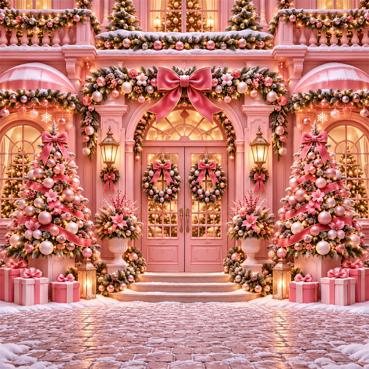 Outdoor Christmas Backdrop Pink Bow Doorway Display Pink Christmas Backdrop UK ZTT69-71