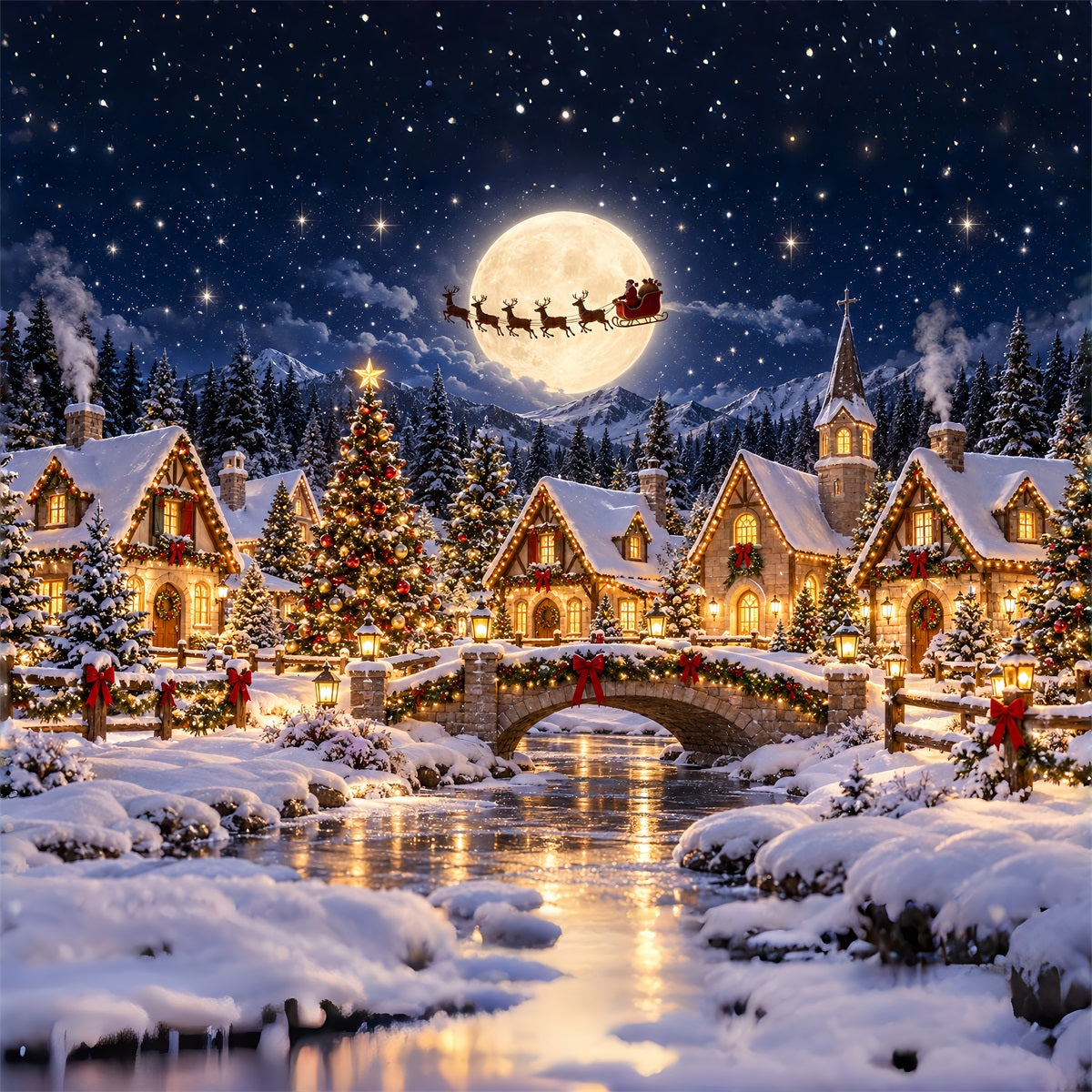 Santa Photo Backdrops Moonlit Santa Village Flight Santa Backdrops UK ZTT69-74
