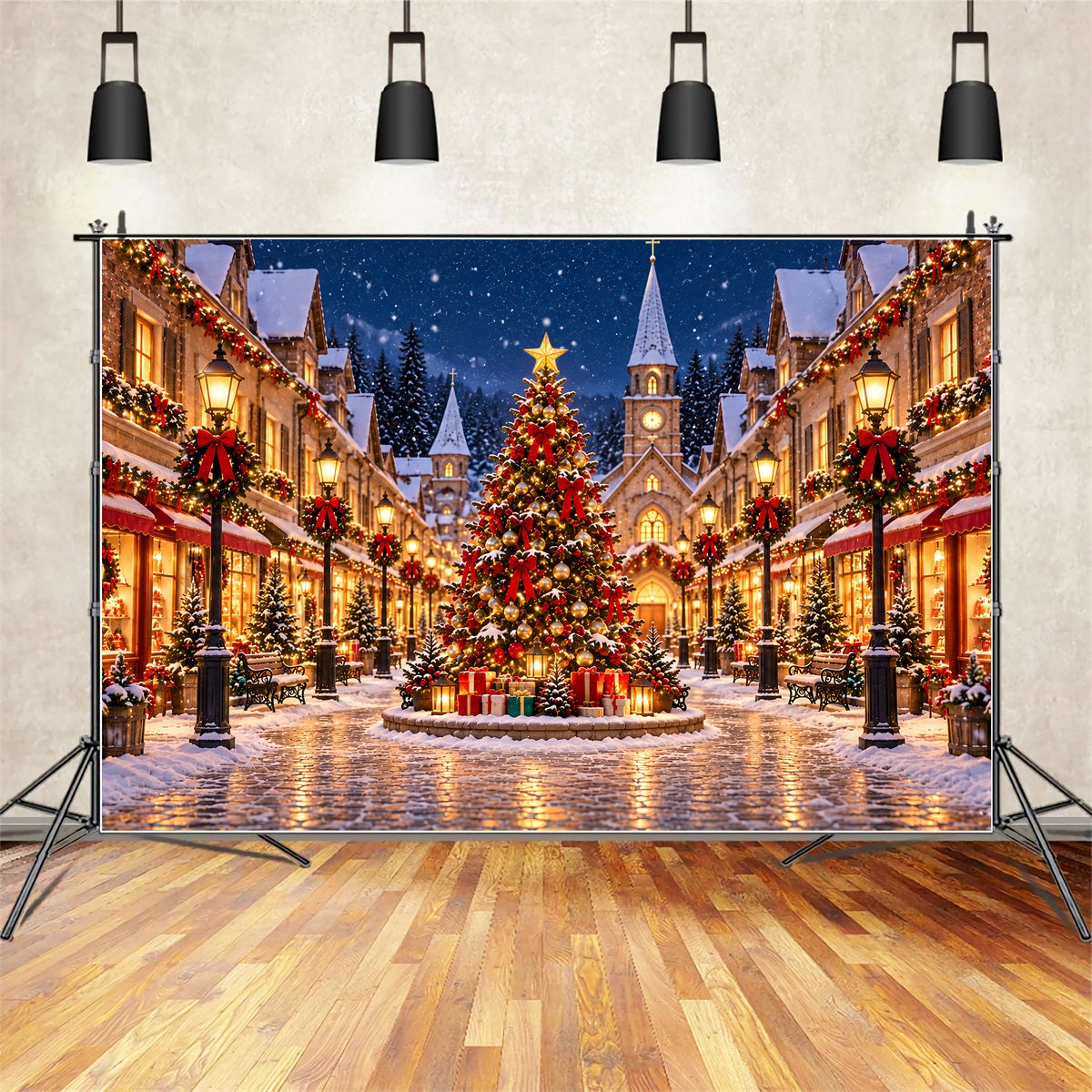 Backdrop For Christmas Village Snowy Town Square Lights Christmas Village Backdrops UK ZTT69-75
