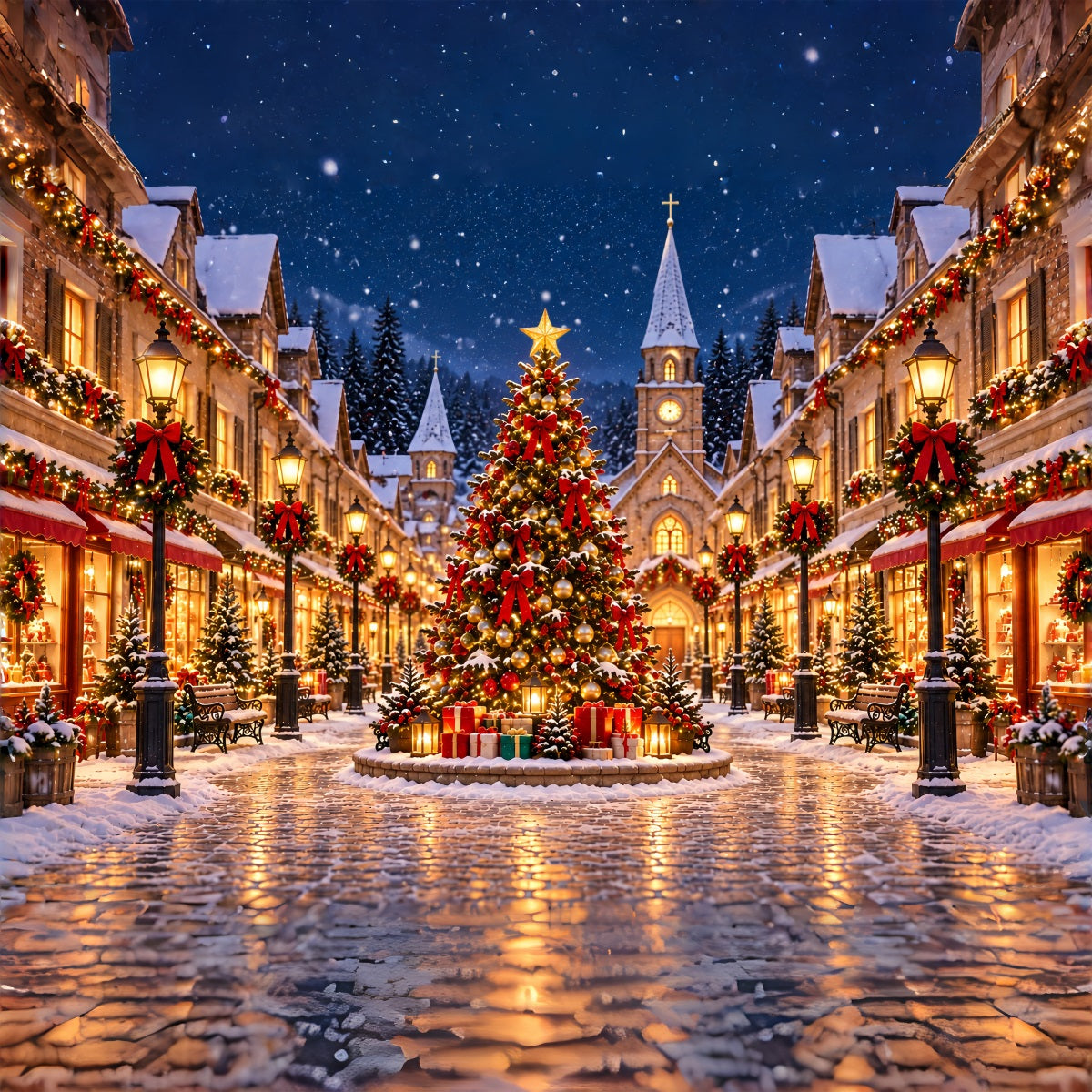 Backdrop For Christmas Village Snowy Town Square Lights Christmas Village Backdrops UK ZTT69-75