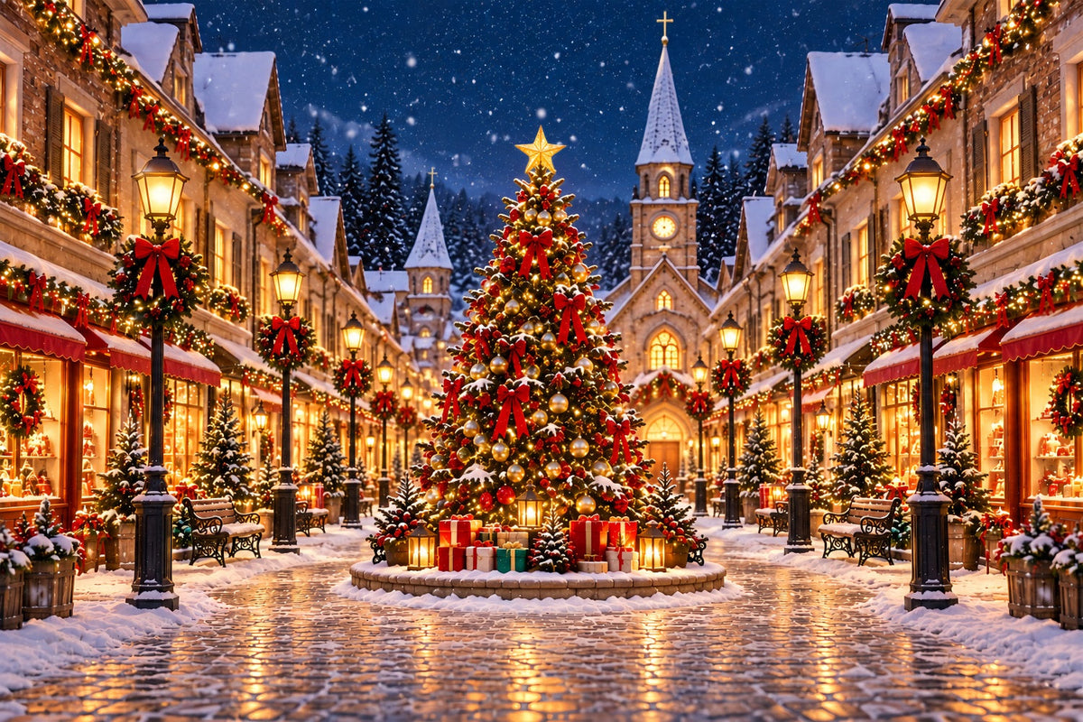 Backdrop For Christmas Village Snowy Town Square Lights Christmas Village Backdrops UK ZTT69-75