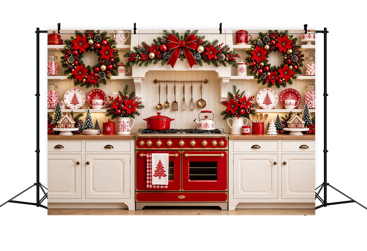 Christmas Kitchen Photo Backdrop Red Poinsettia Kitchen Display Christmas Window Backdrop UK ZTT69-77