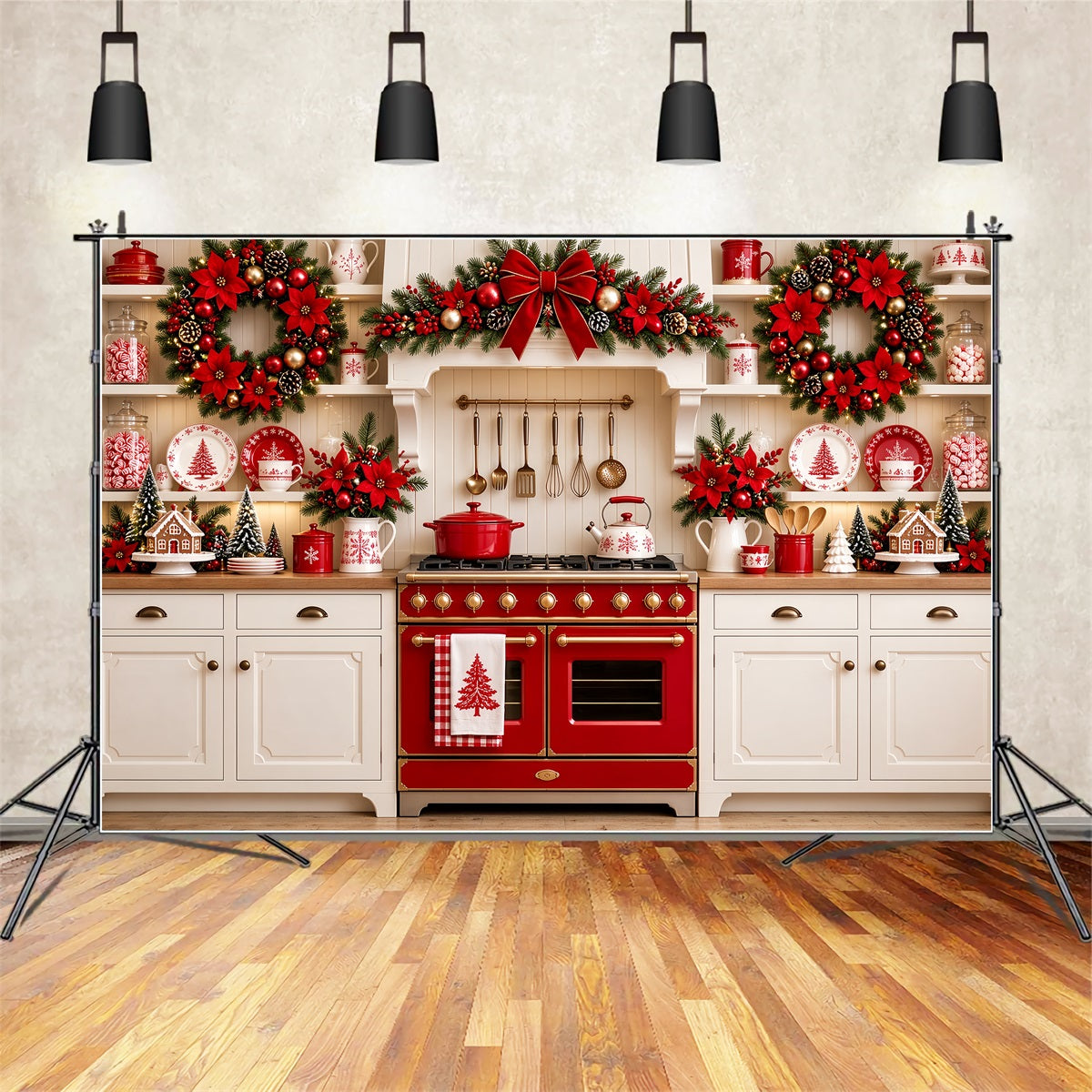 Christmas Kitchen Photo Backdrop Red Poinsettia Kitchen Display Christmas Window Backdrop UK ZTT69-77