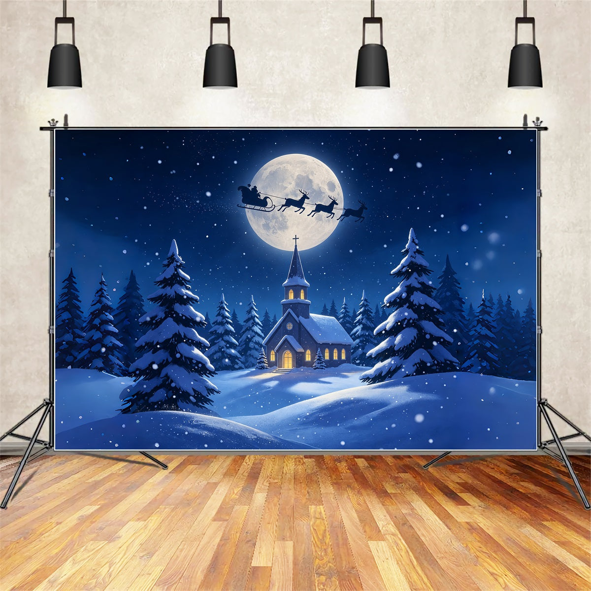 Christmas Night Backdrop Moonlit Church Snow Forest Muslin Christmas BackdropUK ZTT69-8