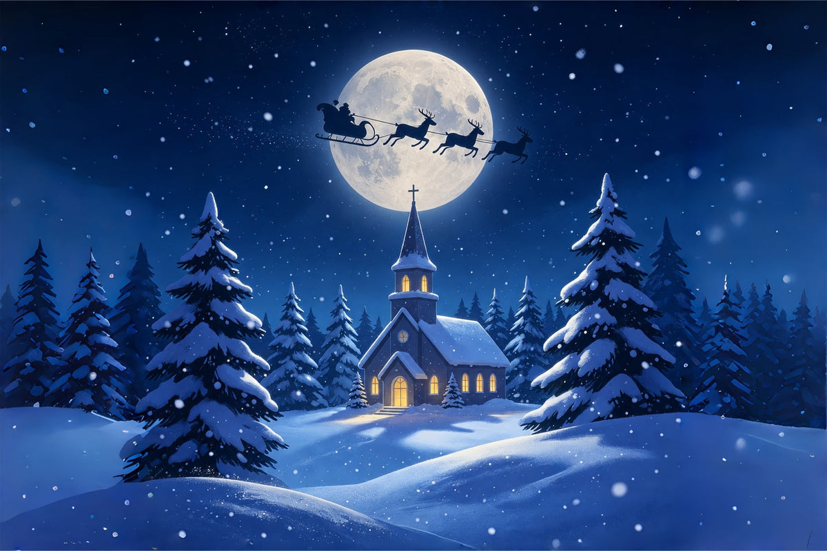 Christmas Night Backdrop Moonlit Church Snow Forest Muslin Christmas BackdropUK ZTT69-8