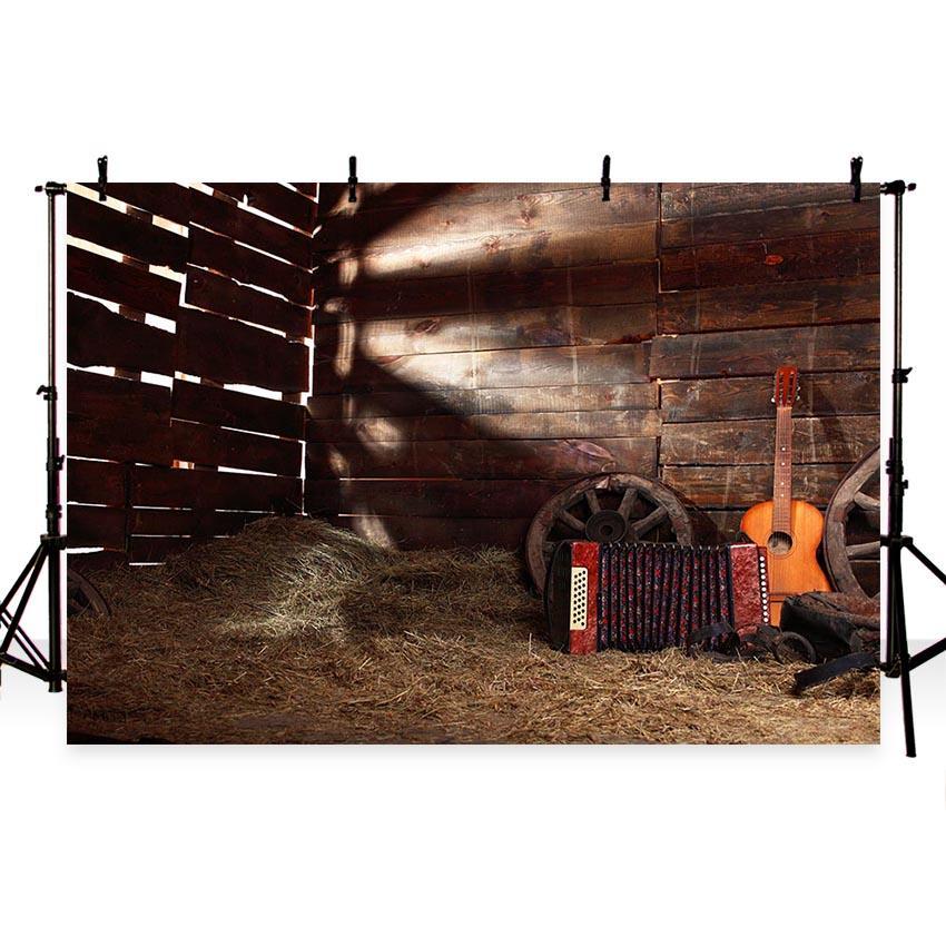 Old Barn Backdrop Western Cowboy Vintage Wheel Guitar Wood Plank Straw Photo Backdrop