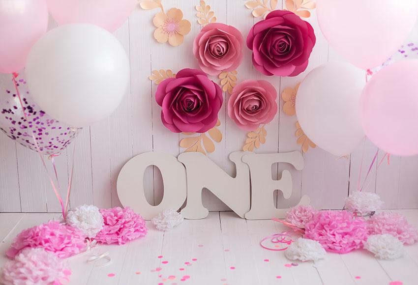 Flower Wall Ballons Pink backdrop UK for Baby Girl Photography GX-1035