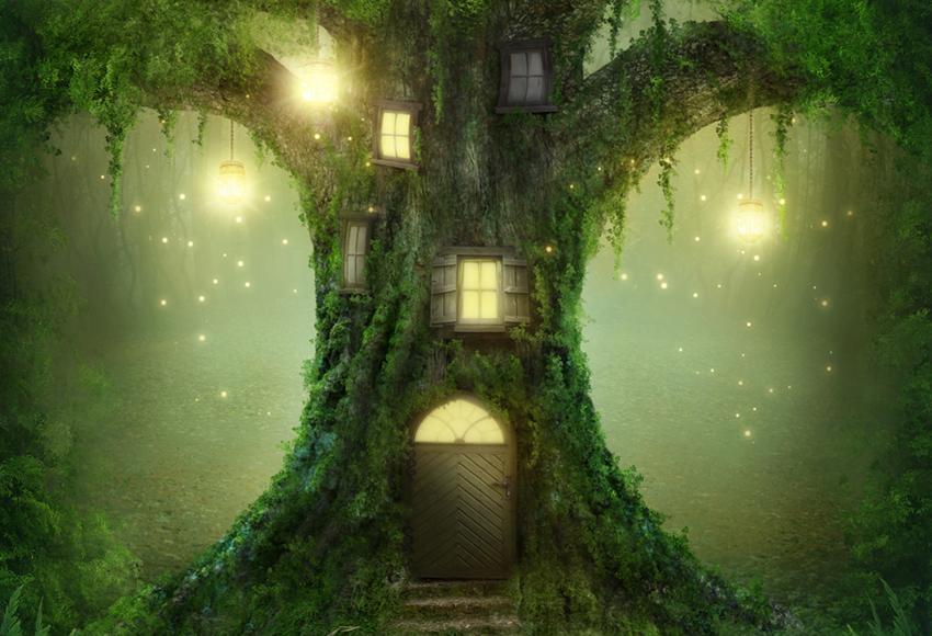 Baby Backdrop UK Cartoon Fairytale Backdrop UK Big Tree Wood House Backgrounds J03524