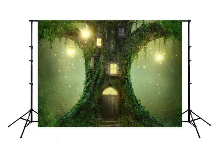 Baby Backdrop UK Cartoon Fairytale Backdrop UK Big Tree Wood House Backgrounds J03524