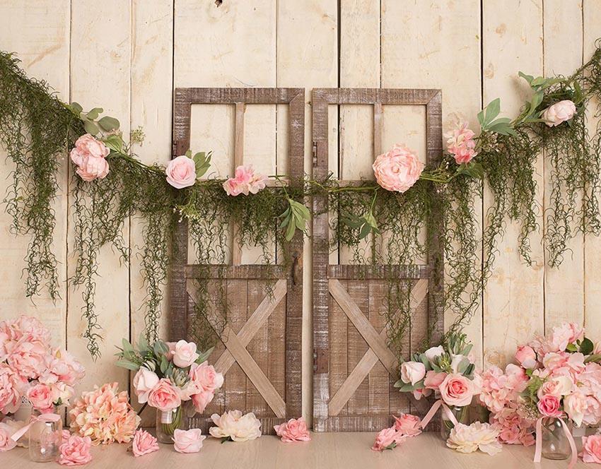 Barn Door Pink Flowers Photography Backdrop NB-322