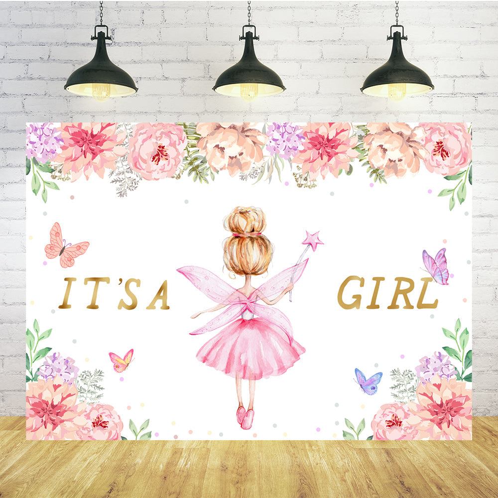 Little Angel Butterfly Flower Gender Reveal Backdrop TKH1539